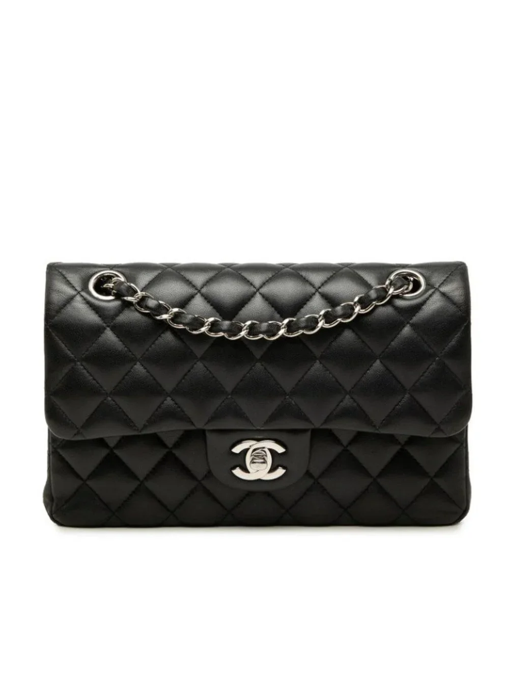 Chanel CC Logo Quilted Double Flap Chain Shoulder Bag Black Silver Lambskin